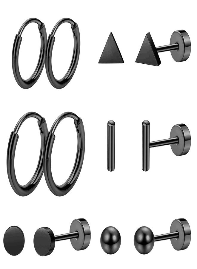 Staligue 6-Pair G23 Pure Titanium Earrings Set - Hypoallergenic 20G Flat Back Hoops & Studs with Ball, Dot, Triangle Designs for Sensitive Ears & Cartilage Piercing (Black) - Image 1